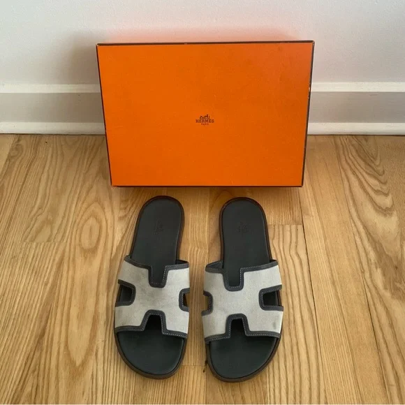 Hermes Izmir Leather Canvas H Sandal Blue Grey - Picture 1 of 9
